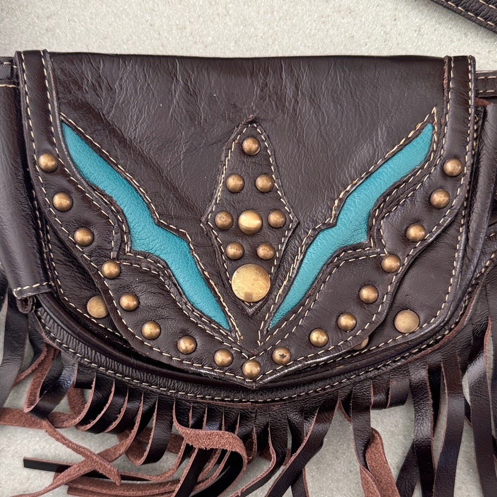 Dark Brown Leather Fringe Belt Bag with Turquoise Accents. Hand-crafted. - Picture 4 of 7